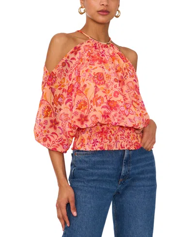 Sam & Jess Women's Cold-shoulder Printed Smocked-waist Top In Peach,pink,orange