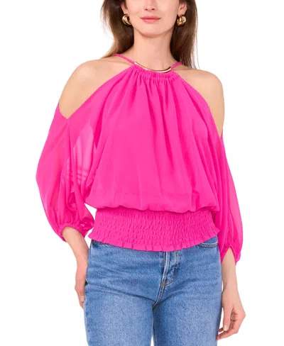Sam & Jess Women's Cold-shoulder Smocked-waist Necklace Top In Fiercely Fuchsia