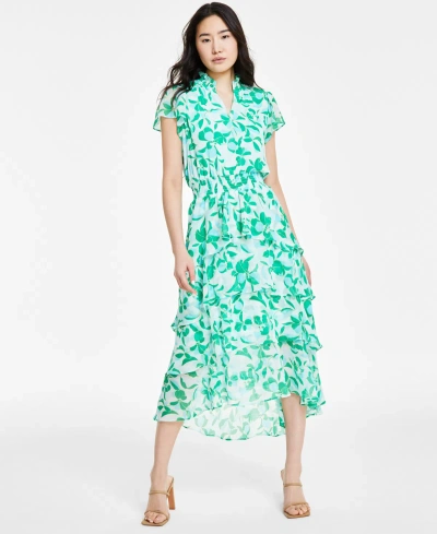 Sam & Jess Women's Floral-printed Smocked-waist Tiered Midi Dress In Blue  Green Floral