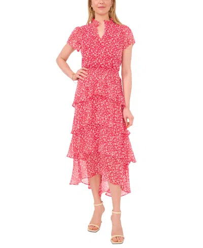 Sam & Jess Women's Floral-printed Smocked-waist Tiered Midi Dress In Coral Floral