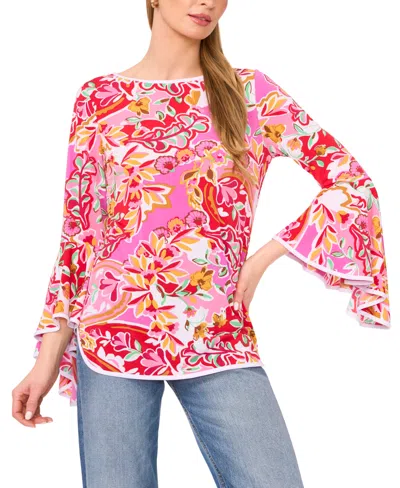 Sam & Jess Women's Printed Boat-neck Bell-sleeve Top In Pink
