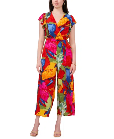 Sam & Jess Women's Printed Tie-waist Flutter-sleeve V-neck Jumpsuit In Rainbow Leaf