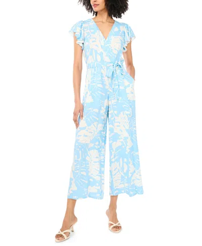 Sam & Jess Women's Printed Tie-waist Flutter-sleeve V-neck Jumpsuit In Blue