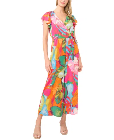 Sam & Jess Women's Printed Tie-waist Flutter-sleeve V-neck Jumpsuit In Multi