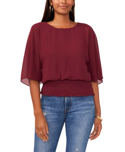Sam & Jess Petite Printed Smocked-waist 3/4-sleeve Top In Crisp Merlot