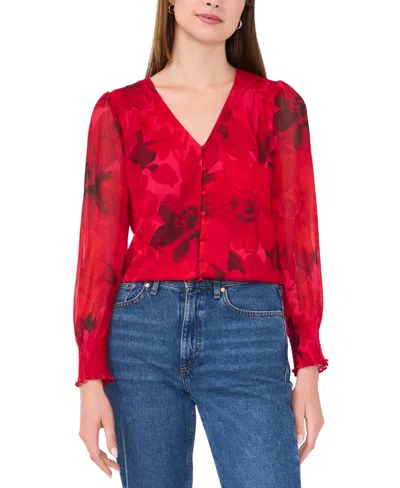 Sam & Jess Women's V-neck Button-front Smocked-shoulder Top In Red Floral