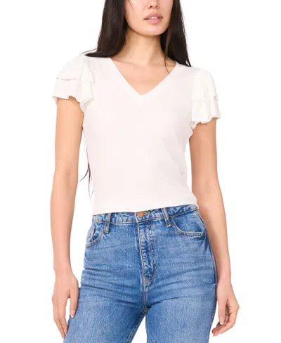 Sam & Jess Women's V-neck Flutter-sleeve Rib-knit Top In New Ivory