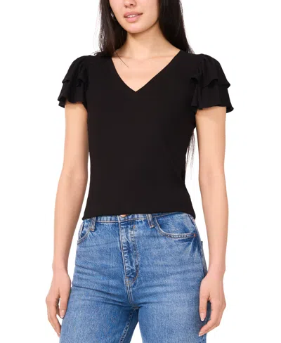 Sam & Jess Women's V-neck Flutter-sleeve Rib-knit Top In Rich Black