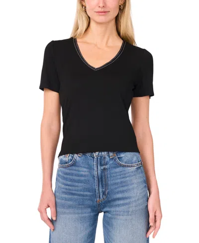 Sam & Jess Women's V-neck Ribbon-trim Top In Black