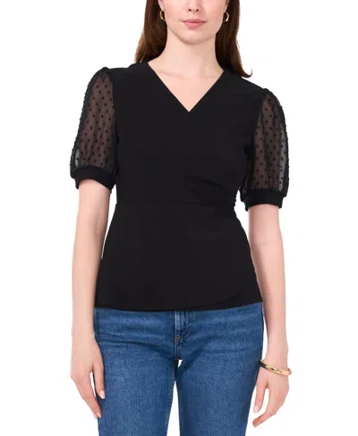 Sam & Jess Women's Wrap-front Sheer Puff-sleeve Top In Rich Black