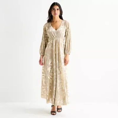 Sam & Jess Womens Long Sleeve Leaf Evening Gown In Yellow