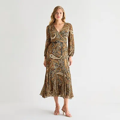 Sam & Jess Womens Midi V Neck 3/4 Sleeve Balloon Paisley Fit + Flare Dress In Black