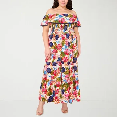 Sam & Jess Womens Off The Shoulder Short Sleeve Floral Maxi Dress Plus In White