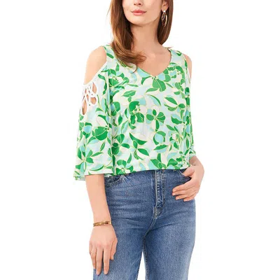 Sam & Jess Petite Cold-shoulder Bell-sleeve Top In Green  Blue Floral
