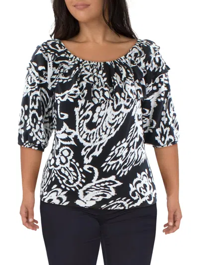 Sam & Jess Womens Ruffled Neckline Abstract Blouse In Black