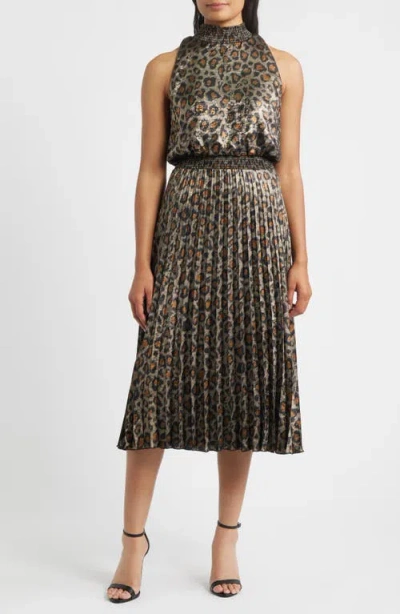 Sam Edelman Animal Metallic Pleated Sleeveless Midi Dress In Animal Print
