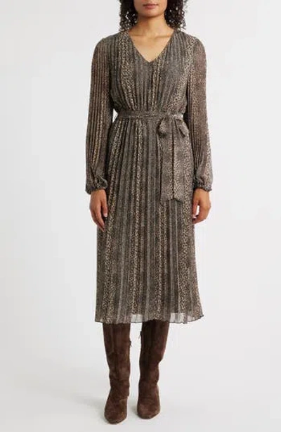 Sam Edelman Animal Pleated Long Sleeve Midi Dress In Gray