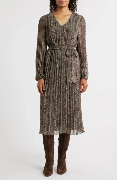 Sam Edelman Animal Pleated Long Sleeve Midi Dress In Animal Print