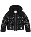 Sam Edelman Shimmer Cargo Pocket Faux Shearling Hooded Puffer Jacket In Black