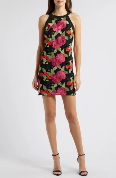 Sam Edelman Black Cherry Floral Embroidery Minidress In Pink/green