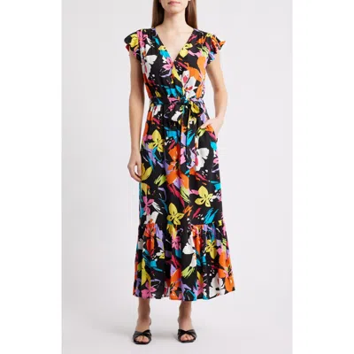 Sam Edelman Bright Flower Tie Waist Maxi Dress In Black Multi