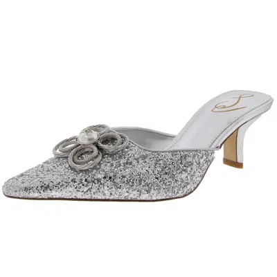 Sam Edelman Brit Tour Womens Embellished Slip-on Kitten Heels In Soft Silver Glitter
