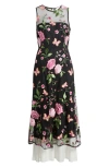 Sam Edelman Butterfly Rose Embroidered Fit & Flare Dress In Black/fuchsia