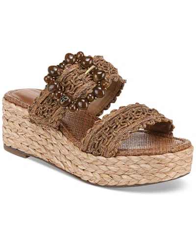 Sam Edelman Cadance Double Strap Raffia Wedge Platform Sandals In Brown