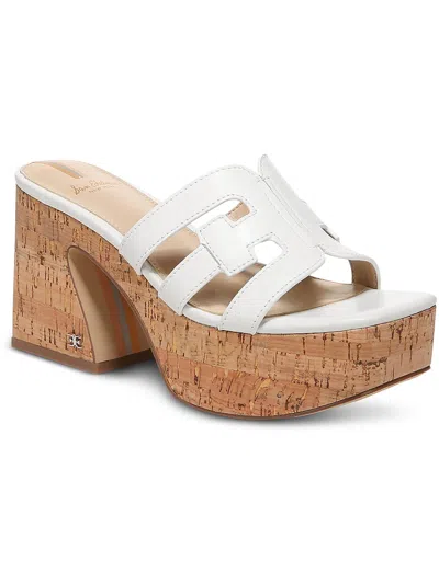 Sam Edelman Women's Dev Square Toe Embellished Logo Strap High Heel Platform Sandals In White
