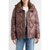 Sam Edelman Diamond Quilted Puffer Jacket With Faux Fur Hood In Brown