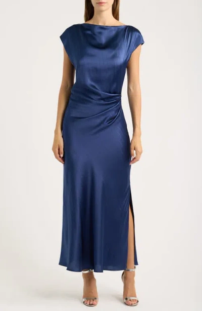 Sam Edelman Drape Bateau Neck Side Ruched Satin Cocktail Dress In Blue