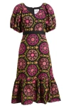 Sam Edelman Embroidered Puff Sleeve Midi Dress In Black/pink