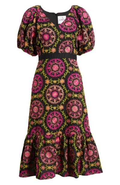 Sam Edelman Embroidered Puff Sleeve Midi Dress In Black