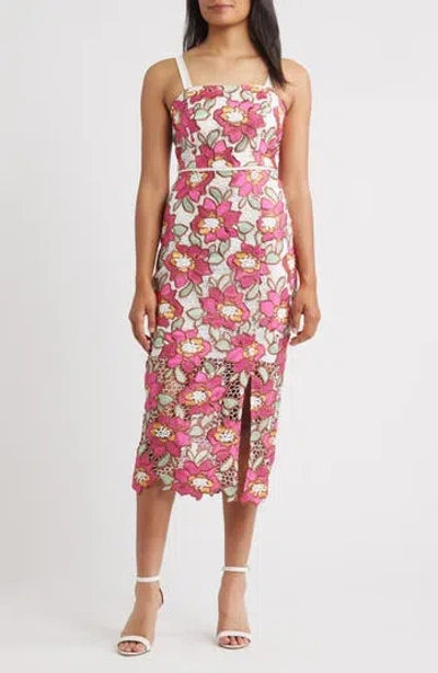 SAM EDELMAN SAM EDELMAN EMBROIDERED ROSE MIDI SHEATH COCKTAIL DRESS