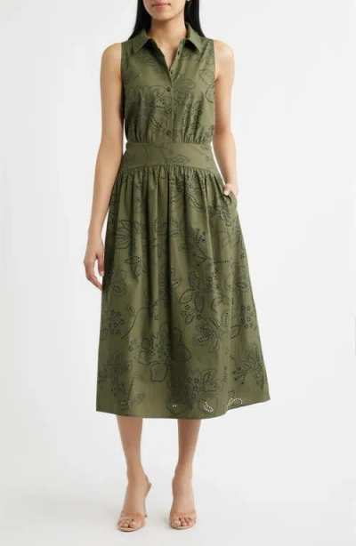 Sam Edelman Eyelet Sleeveless Midi Shirtdress In Green