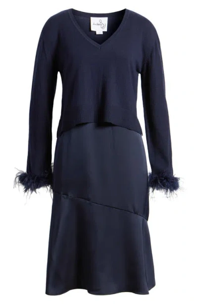 Sam Edelman Faux Feather Trim Long Sleeve Two-piece Sweater Dress In Navy