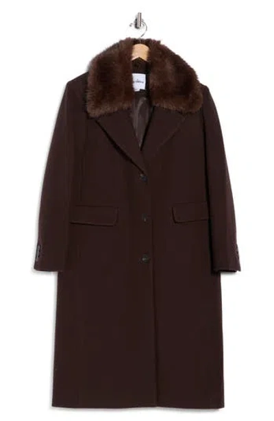 Sam Edelman Faux Fur Collar Single Breasted Coat In Brown
