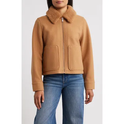 Sam Edelman Faux Fur Collar Zip-up Jacket In Brown