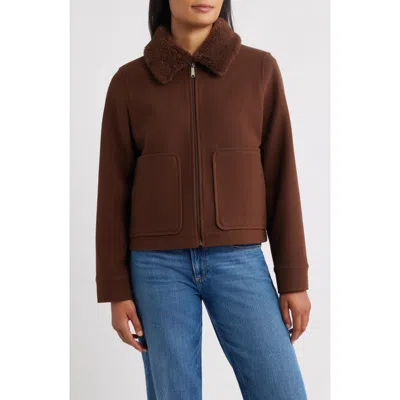 Sam Edelman Faux Fur Collar Zip-up Jacket In Brown