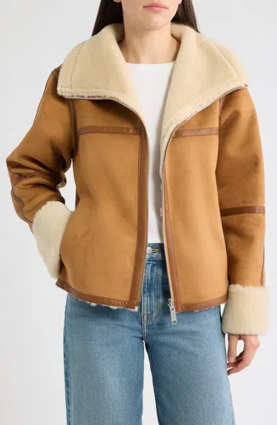 Sam Edelman Faux Fur Trim Oversized Faux Suede Jacket In Honey Bour