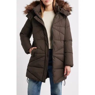 Sam Edelman Faxu-fur Trim Hooded Quilted Jacket In Brown