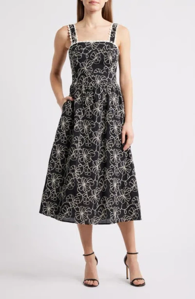 Sam Edelman Floral Embroidered Cotton Midi Dress In Black