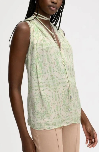Sam Edelman Floral Lace Trim Tie Neck Top In Green