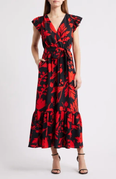 Sam Edelman Floral Print Flutter Sleeve Tie Waist Maxi Dress In Red