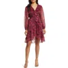 Sam Edelman V-neck Long Sleeve Ruffle Mini Dress Ruby Multi In Ruby Multi