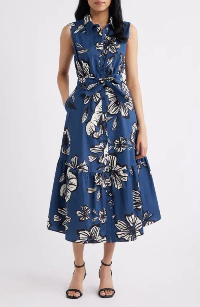 Sam Edelman Floral Tie Belt Cotton Midi Shirtdress In Blue