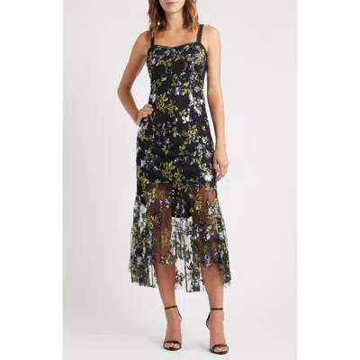 Sam Edelman Flower Sequin Embroidered Midi Dress In Black