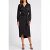 Sam Edelman Fluid Long Sleeve Satin Faux Wrap Midi Dress In Black