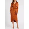 Sam Edelman Fluid Long Sleeve Satin Faux Wrap Midi Dress In Copper