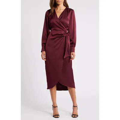 Sam Edelman Fluid Long Sleeve Satin Faux Wrap Midi Dress In Wine